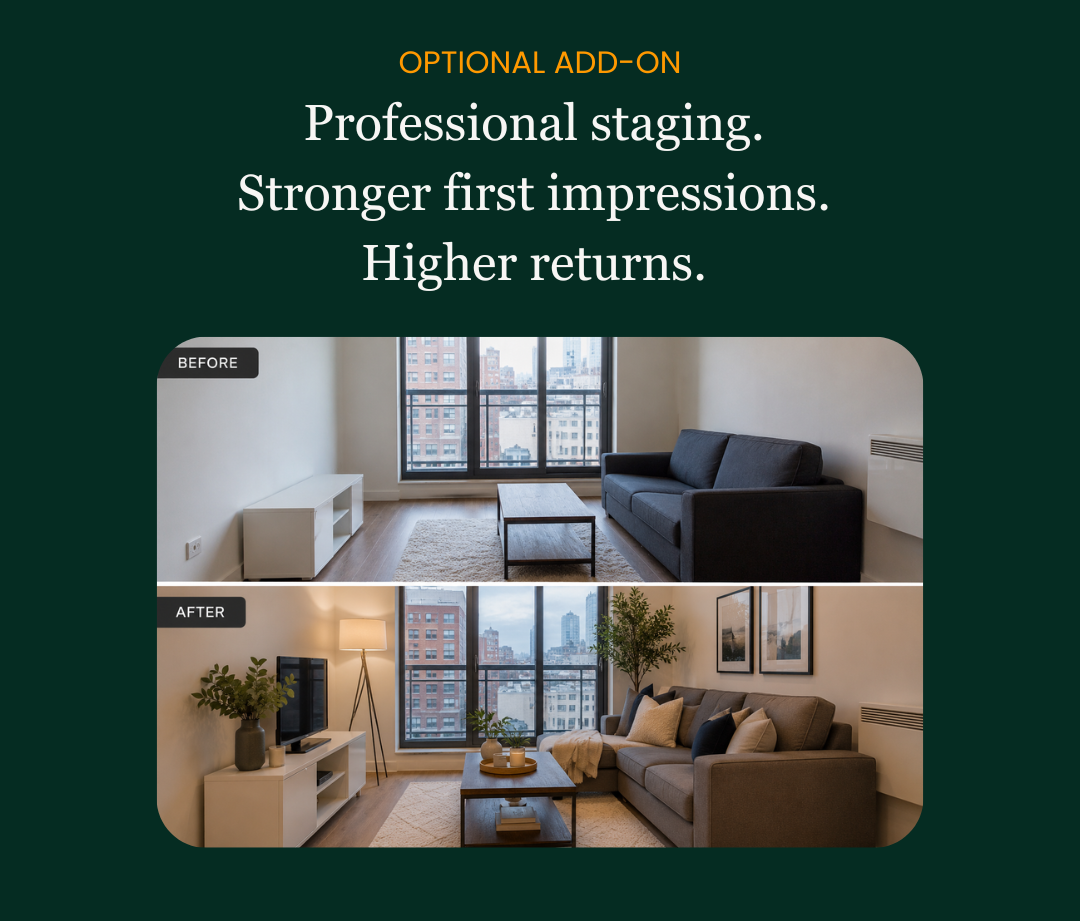 Before and after images of a living room showcasing professional staging with furnishings, decor, and lighting that enhance the space.