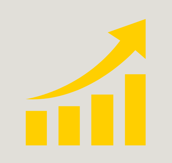 Yellow ascending bar chart with an upward arrow on a light gray background.
