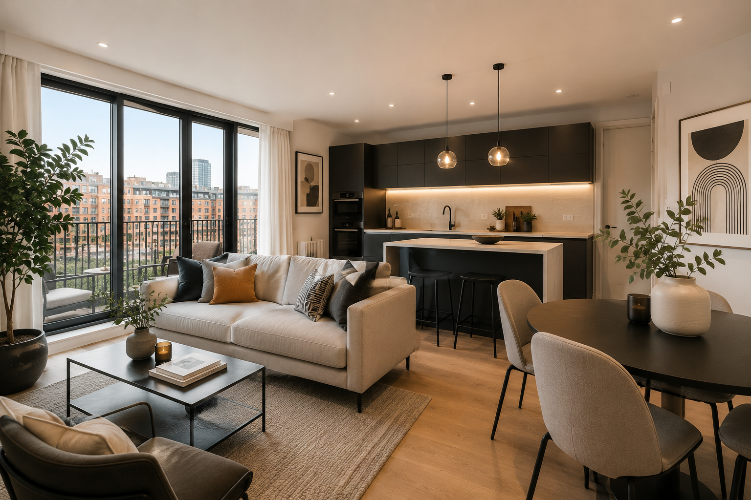 Modern open-plan living room and kitchen with large windows, beige sofa with cushions, black coffee table, dining table with chairs, plants, and minimalist decor.