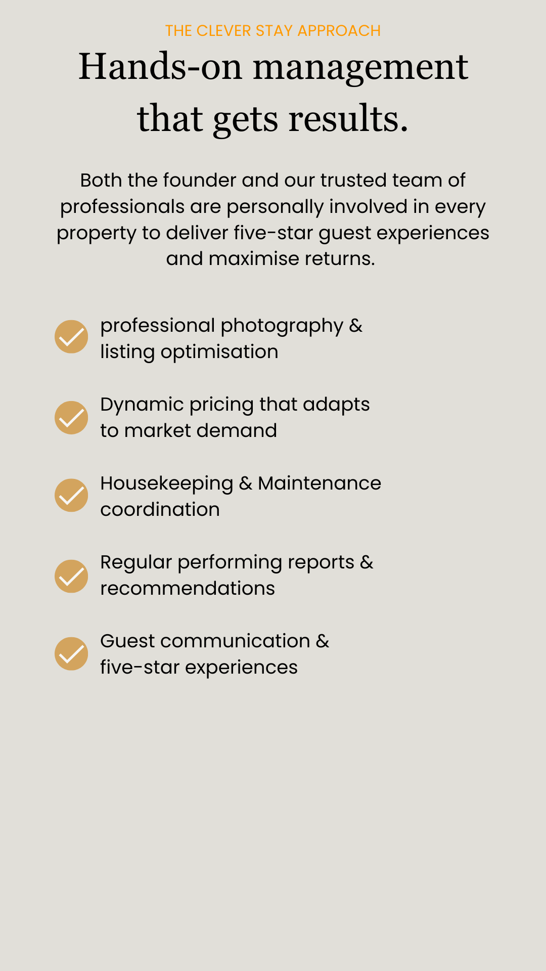 Text on a light gray background promoting a hands-on management approach for property management. Includes points about photography, pricing, housekeeping, reporting, and guest communication, with check marks next to each item.