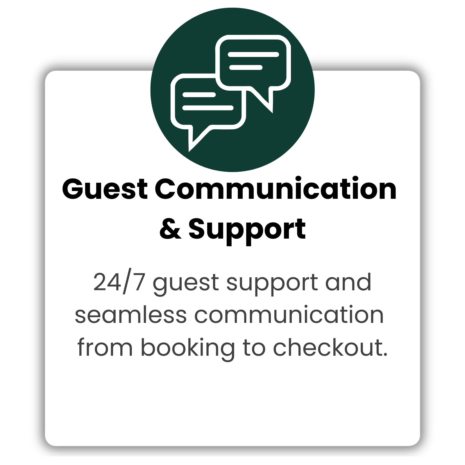 Icon of speech bubbles indicating conversation above the text 'Guest Communication & Support'.