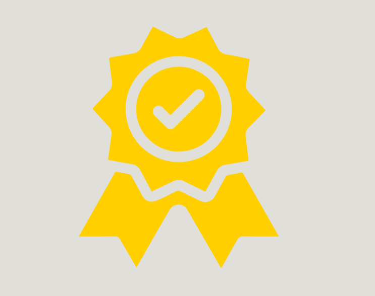 Yellow badge with a checkmark inside a circle, representing approval or certification.