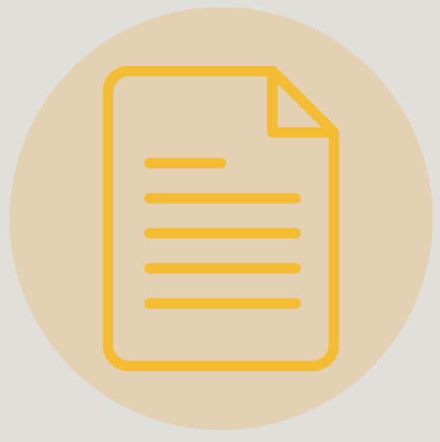 Icon of a yellow document with lines on a beige circular background.