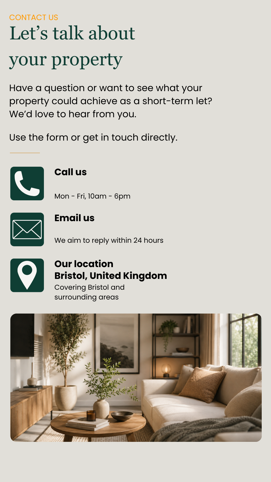 Contact information for a property service, including phone, email, and location, with a background image of a cozy, well-lit living room with plants, photographs, and a window.