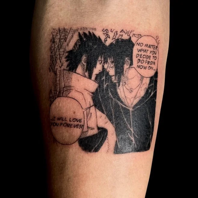 Tattoo of two anime characters facing each other with speech bubbles; one says 'No matter what you decide to do from now on...' and the other 'I will love you forever.'