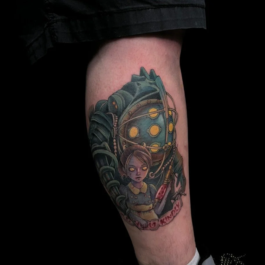 Tattoo of a girl and a robot on a person's thigh.