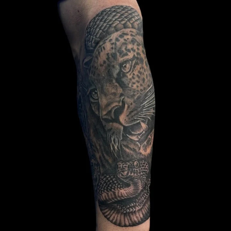 Black and gray tattoo of a fierce leopard's face and a coiled snake on a person's forearm.