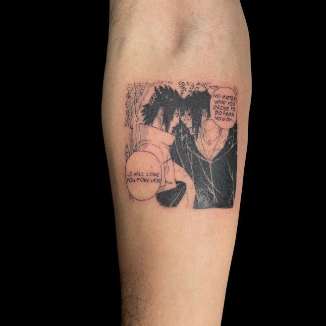 A tattoo of two anime characters with speech bubbles. The character on the left says, "I will love you forever," and the character on the right says, "No matter what you decide to do from now on."