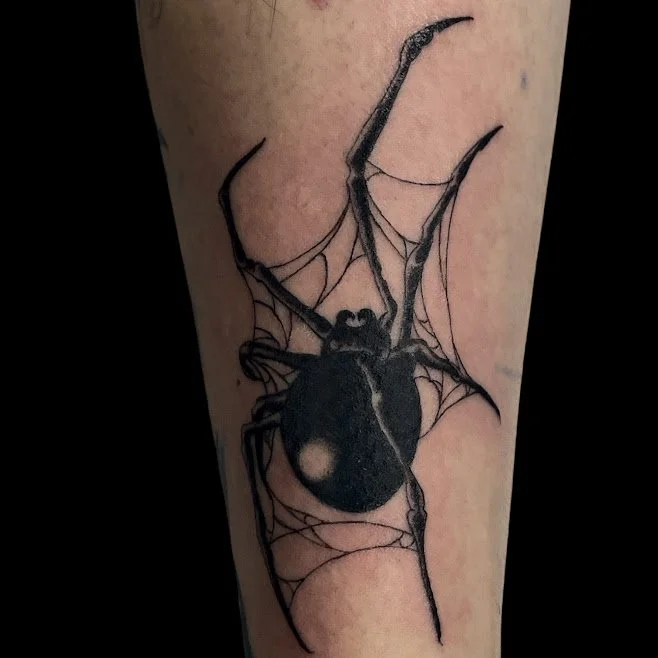 Black spider tattoo on skin, with detailed web design surrounding it.