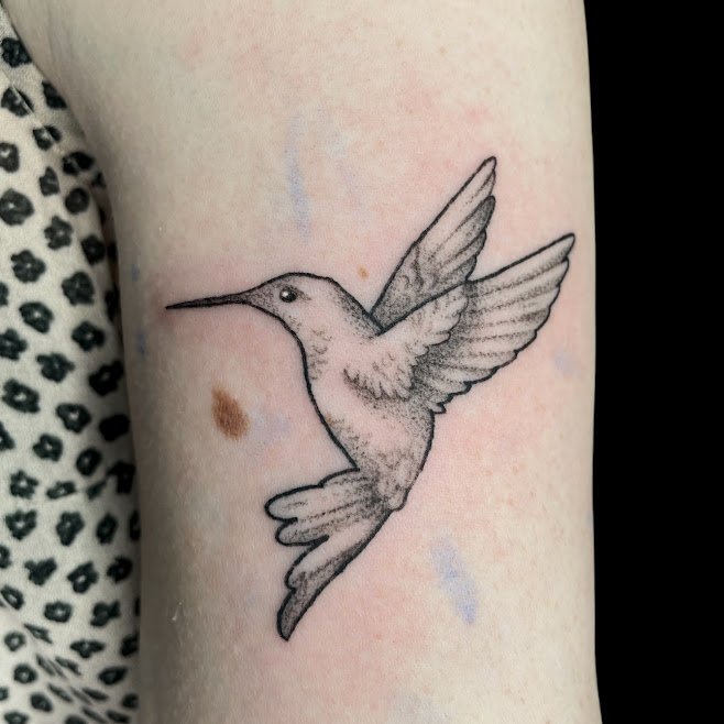 A black and gray tattoo of a flying hummingbird on a person's upper arm.