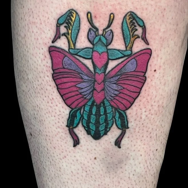 Colorful tattoo of a moth with butterfly wings on a person's skin.