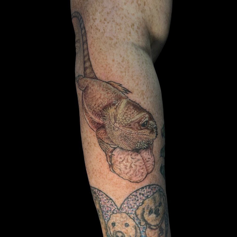Tattoo of a catfish with a lizard's head and a brain in its mouth on a person's arm.