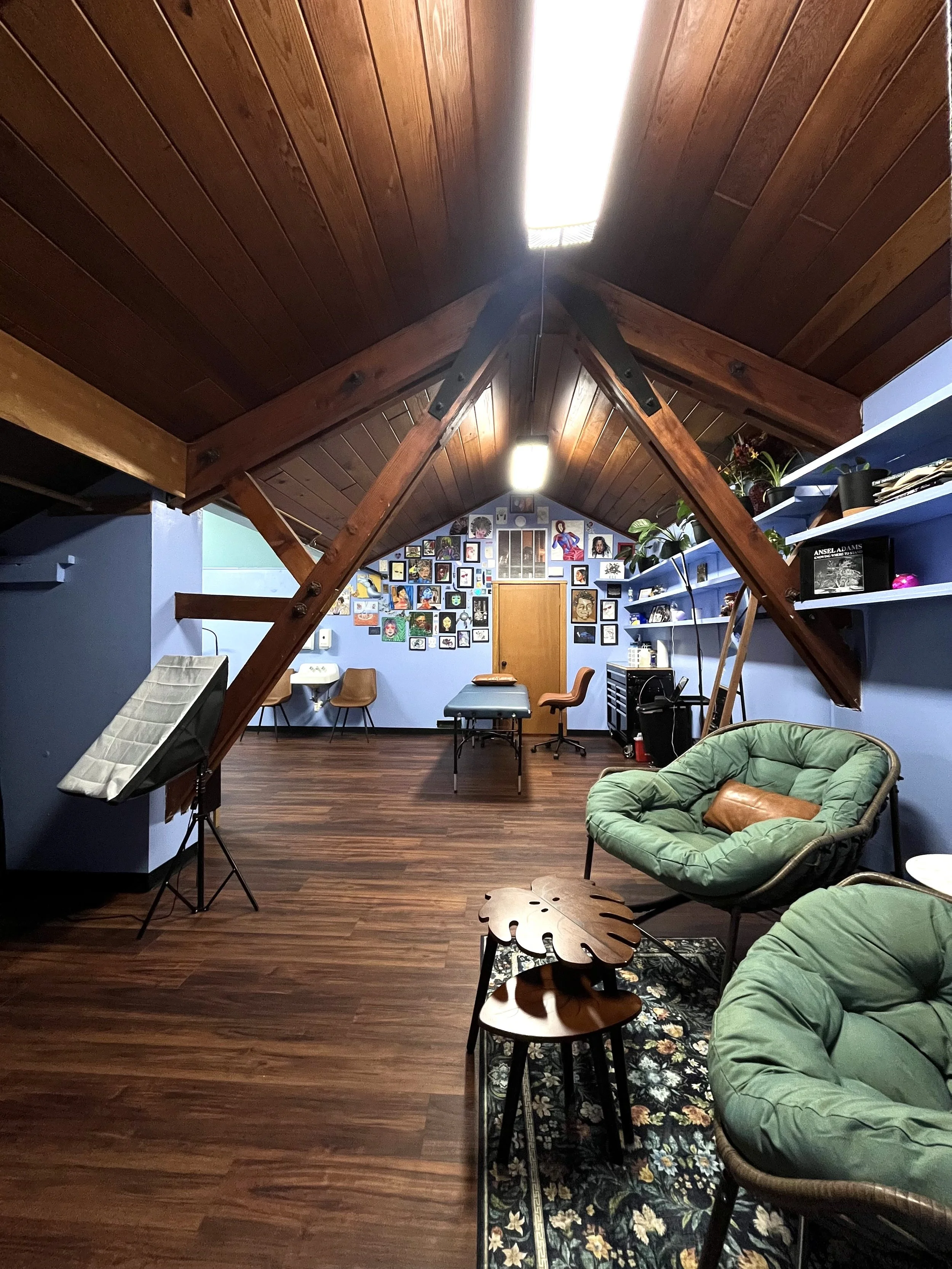 A cozy attic room with a sloped wooden ceiling, decorated walls with framed artwork, a bookshelf with plants, a green cushioned chair, and a small side table.