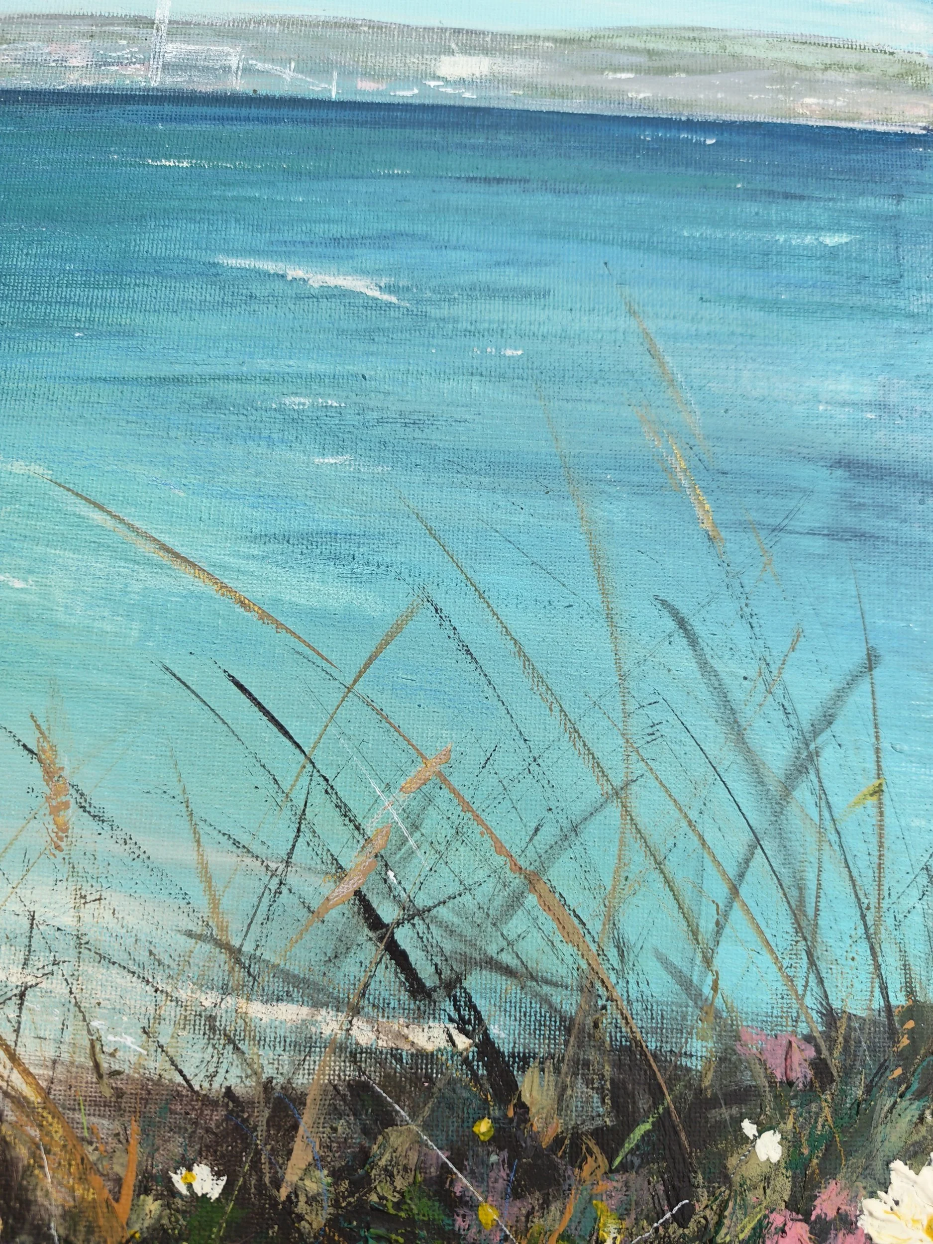 Abstract painting with various shades of blue, green, black, and white, featuring brushstrokes and splatters.