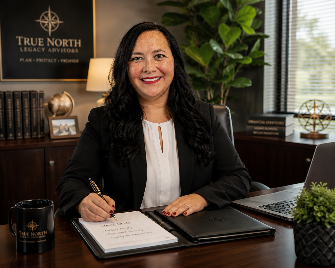Crystal, founder of TrueNorth Legacy Advisors, seated at a desk in a professional office.