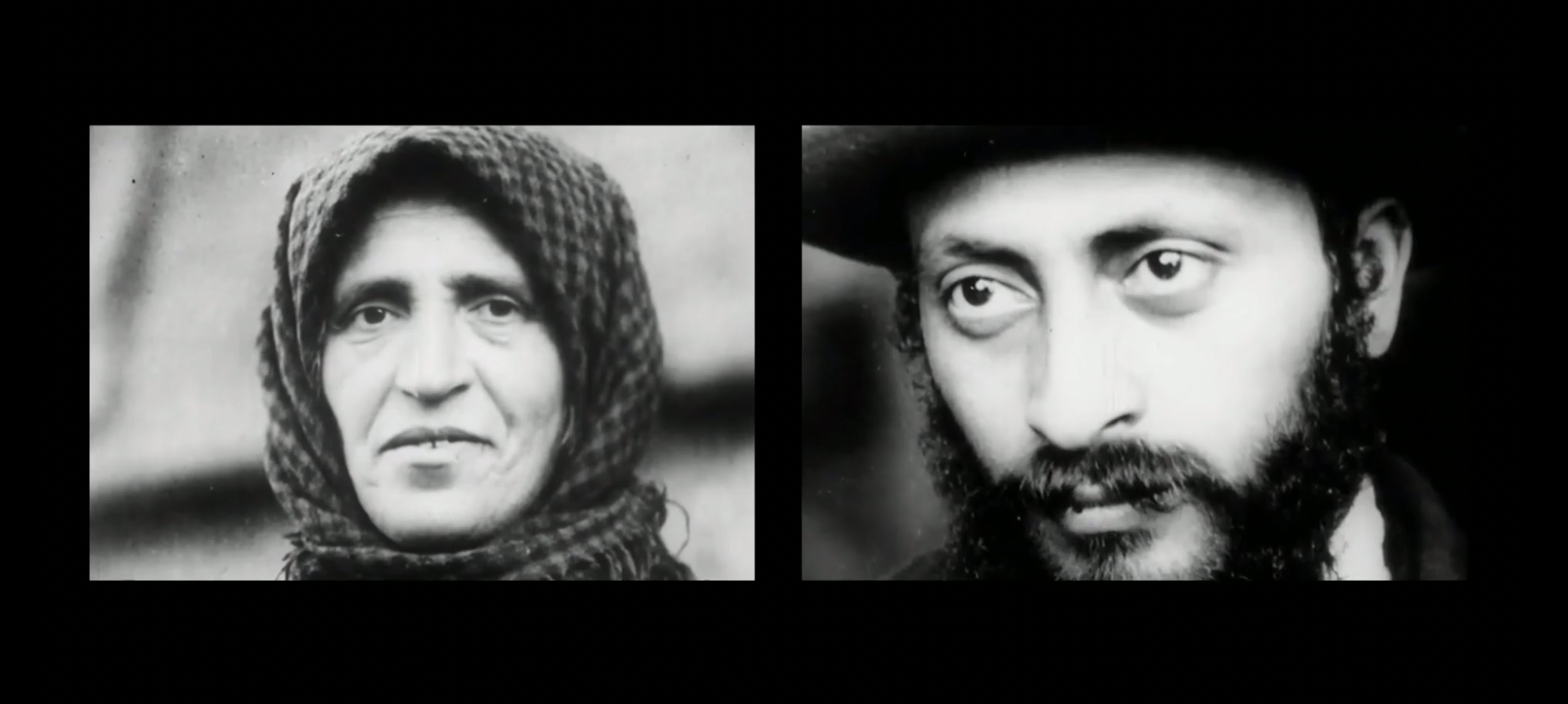 Black and white photographs of a woman on the left and a man on the right, both with serious expressions.