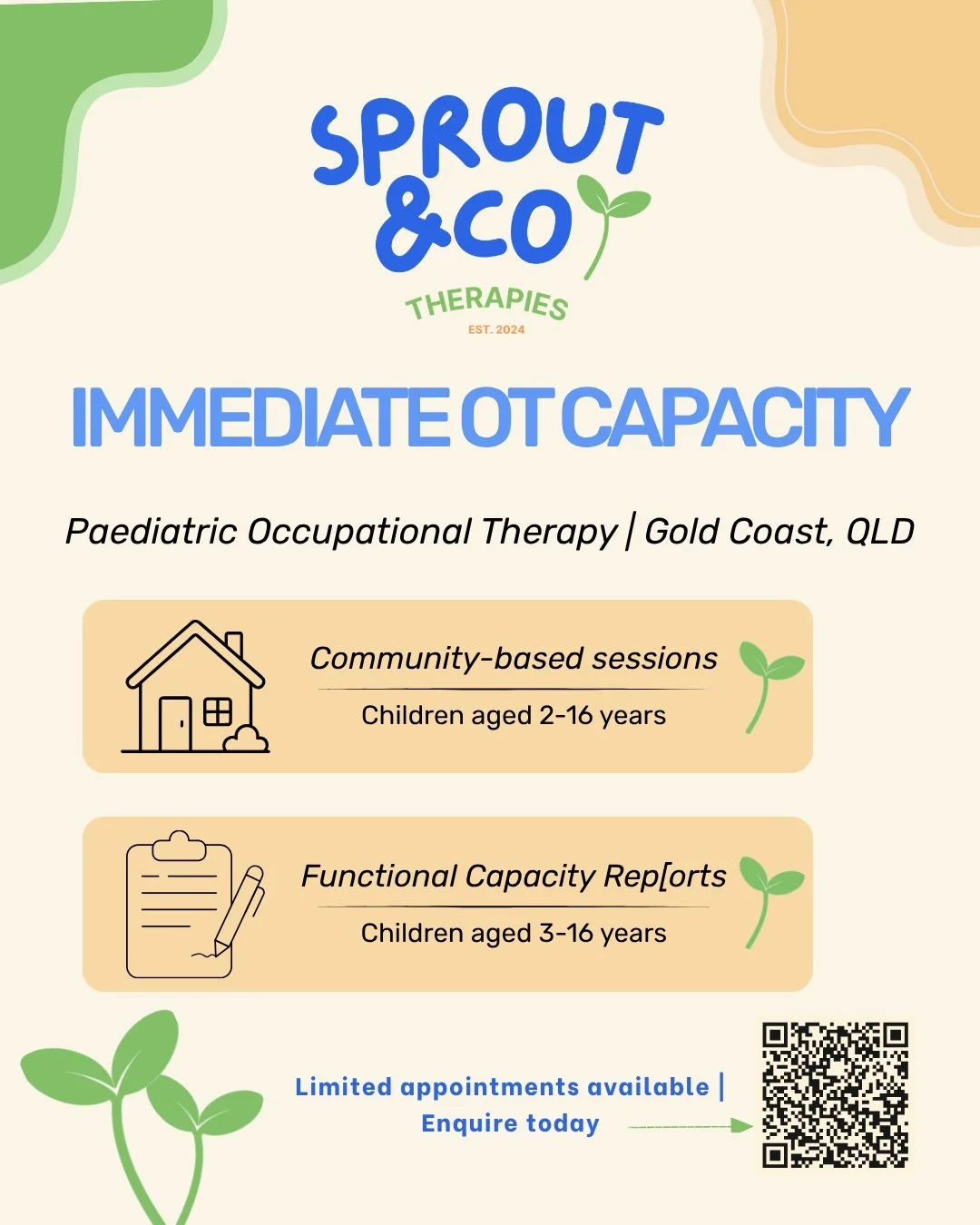 🌱 We currently have availability for new clients at Sprout &amp; Co Therapies!

We're a community-based paediatric OT practice on the Gold Coast, working with children aged 2&ndash;15 across fine motor skills, sensory processing, emotional regulatio