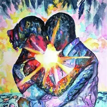A colorful painting of two people embracing with their foreheads touching and arms wrapped around each other, holding a glowing light together.