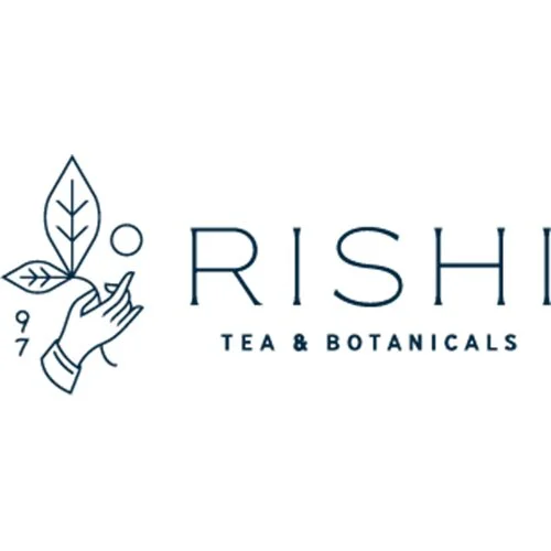 Logo for Rishi Tea & Botanicals featuring a leaf, a small circle, and a hand.