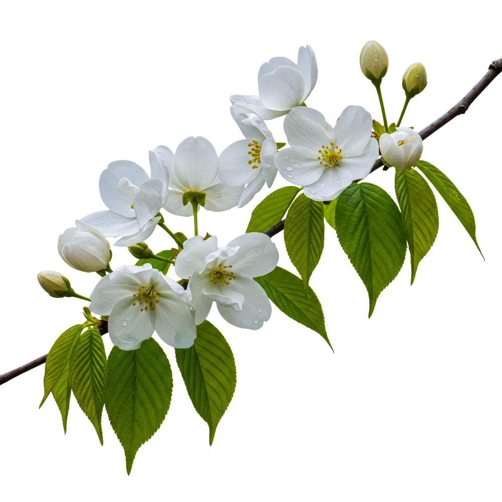 White blossoming hawthorne flowers with green leaves and buds on a branch isolated on a transparent background.