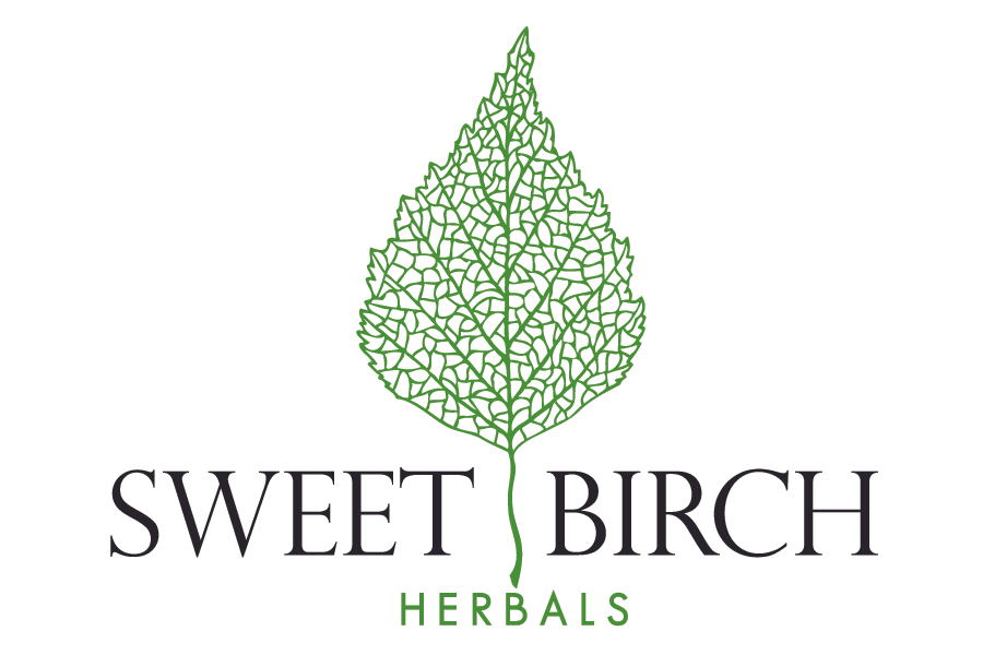 Logo of Sweet Birch Herbals featuring a green leaf with a detailed, vein-like pattern, and the text 'SWEET BIRCH' in black and 'HERBALS' in green.
