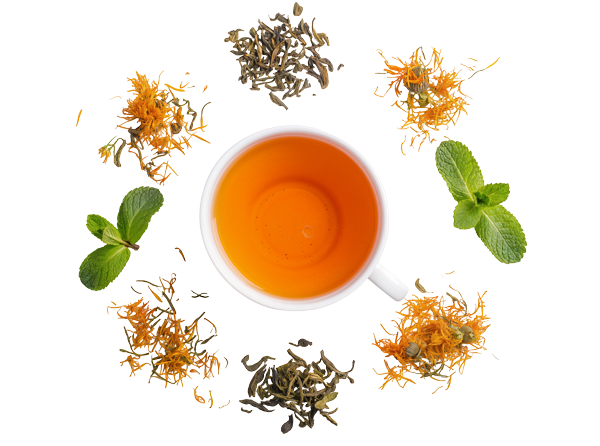 Top view of a cup of tea surrounded by mint leaves, dried chamomile, and dried lavender.