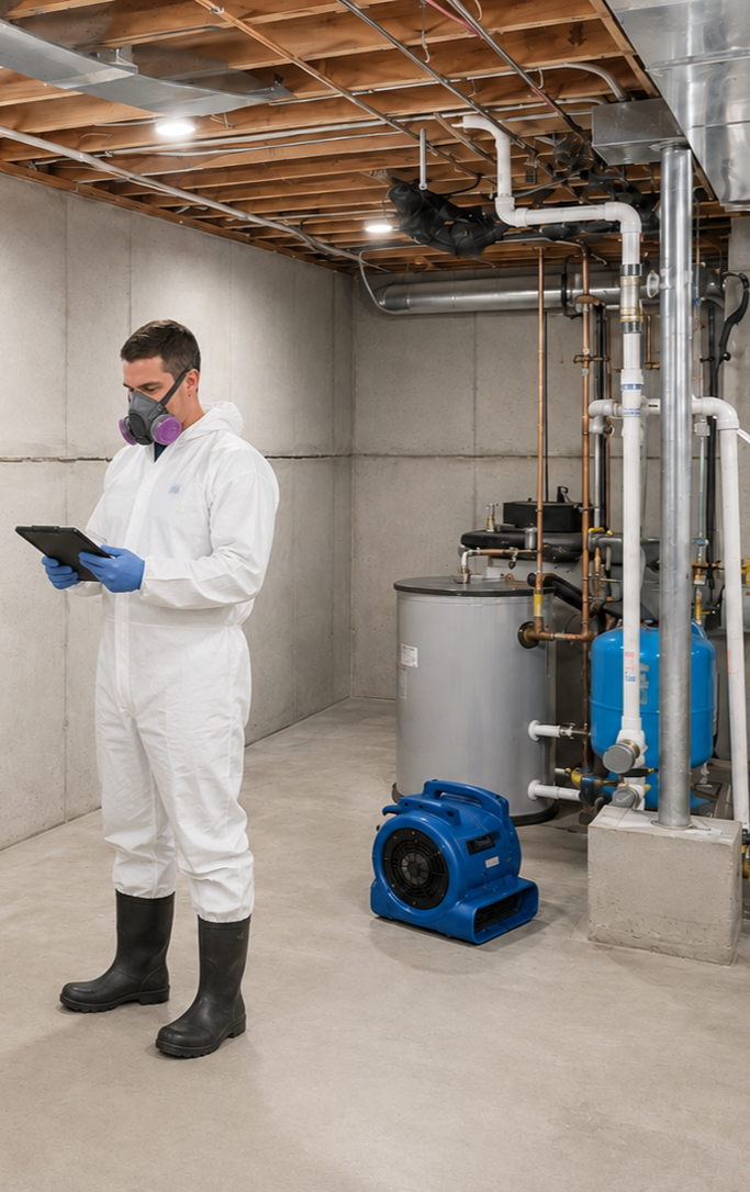 A man in a white protective suit, black boots, and a face mask with purple filters standing in a basement with exposed pipes, using a tablet.