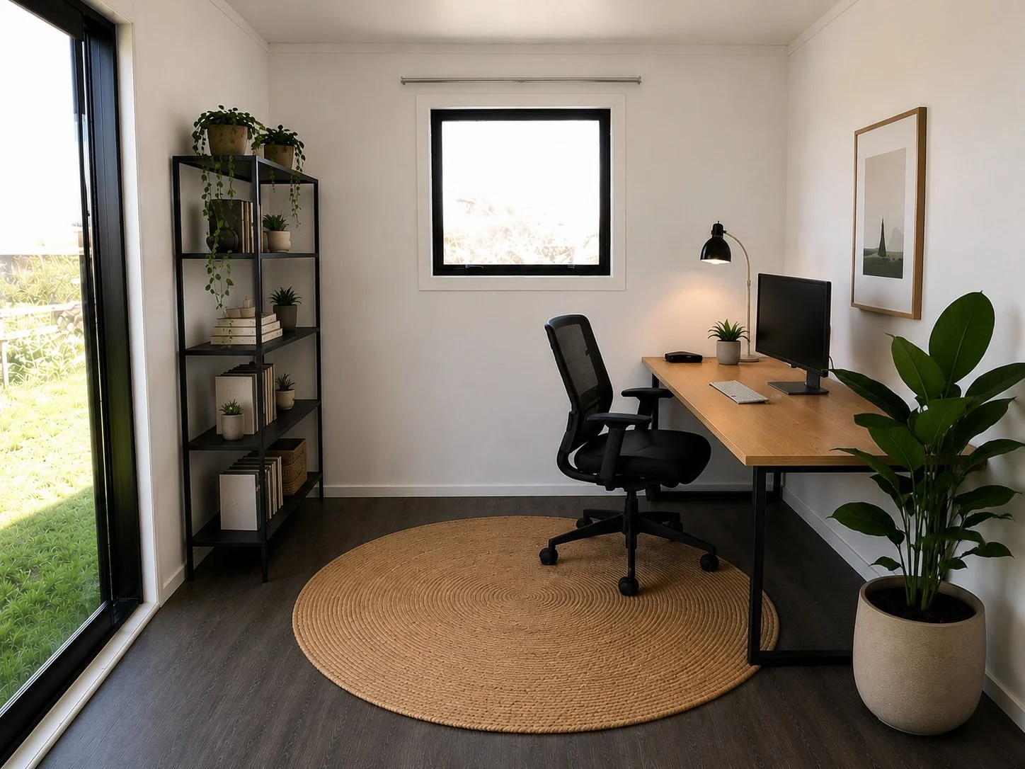 A minimalist home office with a black and wooden desk, an ergonomic black office chair, a desktop computer, a small table lamp, and a potted plant. A large potted plant is in the corner, and a black metal shelving unit with various decorative items and books is beside a sliding glass door leading outside. A window provides additional natural light, and a round woven rug is on the dark wooden floor.