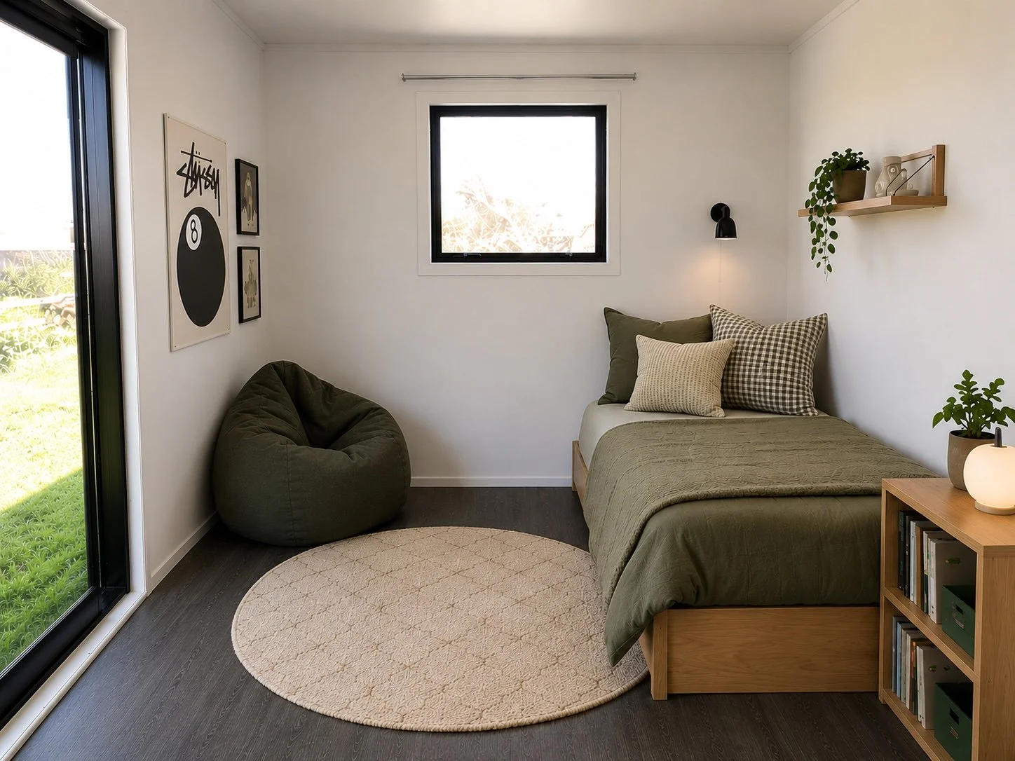 A modern bedroom with a bed, a window, a bean bag chair, a rug, wall art, a bookshelf, and decorative plants.