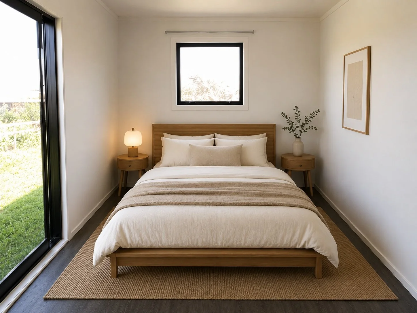 Minimalist bedroom with a bed that has a wooden headboard, white bedding, and multiple pillows. Two wooden nightstands on each side of the bed, one with a lamp and the other with a vase and greenery. A small window above the bed, a framed artwork on the wall, and a large glass door to the left providing natural light and outdoor view.