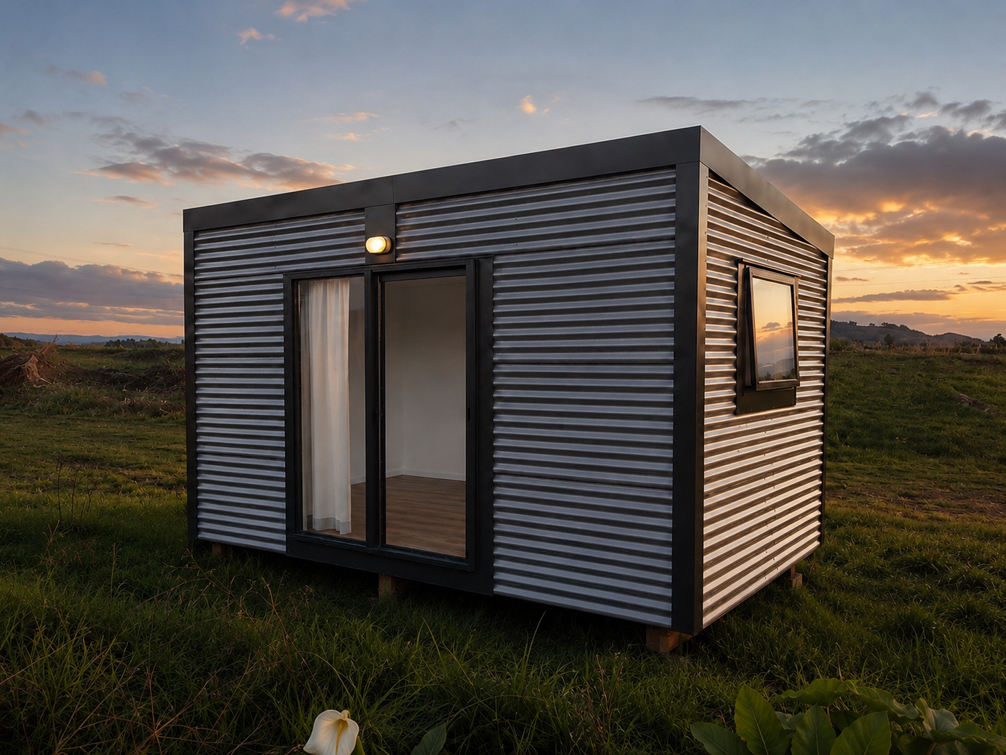 Small modern metal tiny house or cabin with open sliding glass door and a window, situated in a green field at sunset.