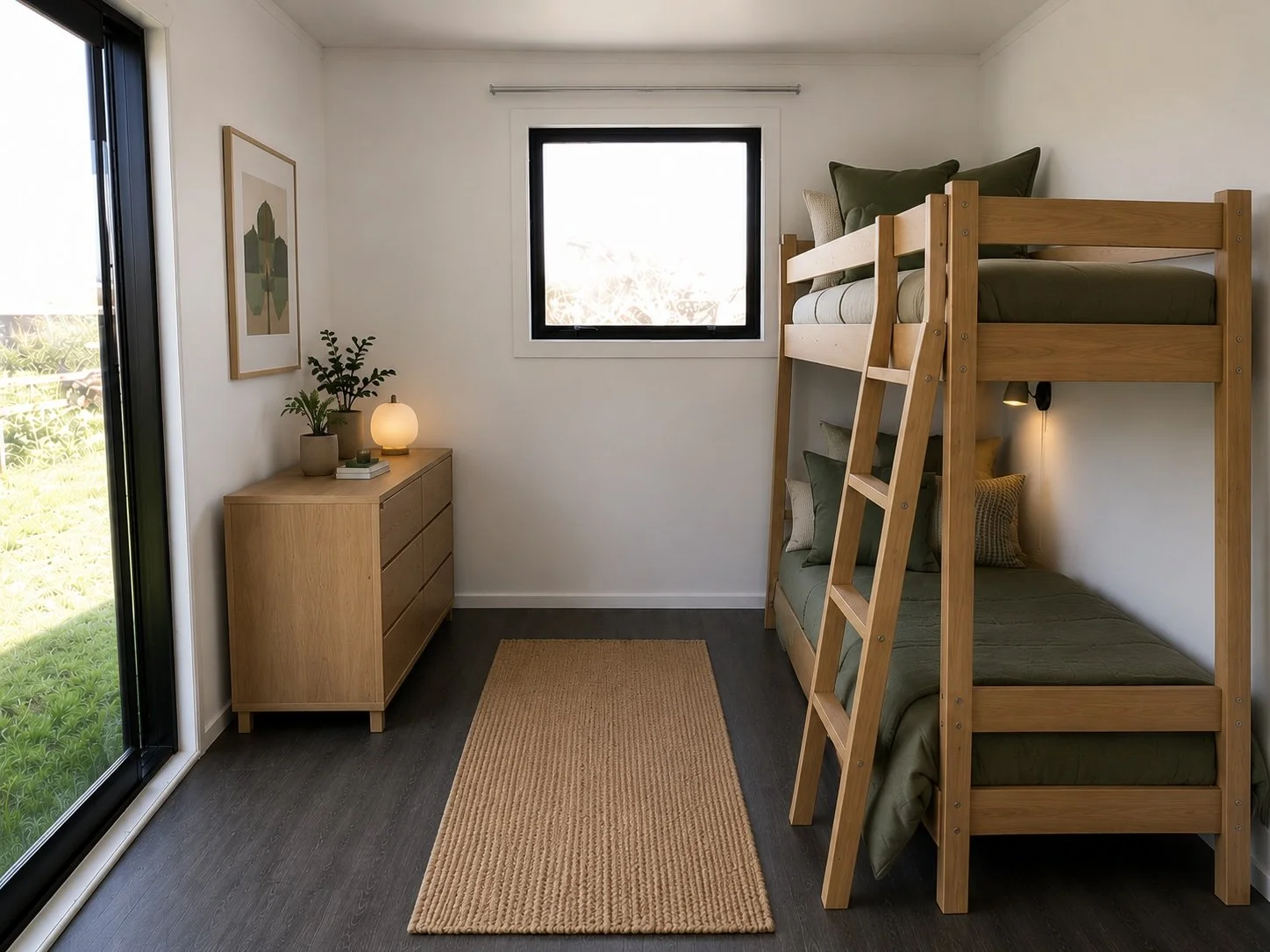 A minimalist bedroom with a wooden bunk bed against the right wall, featuring green bedding and pillows. There is a window in the center and a sliding glass door on the left, both allowing natural light. A beige dresser with plants, a lamp, and books is on the left wall, and a beige rug is on dark wood flooring.