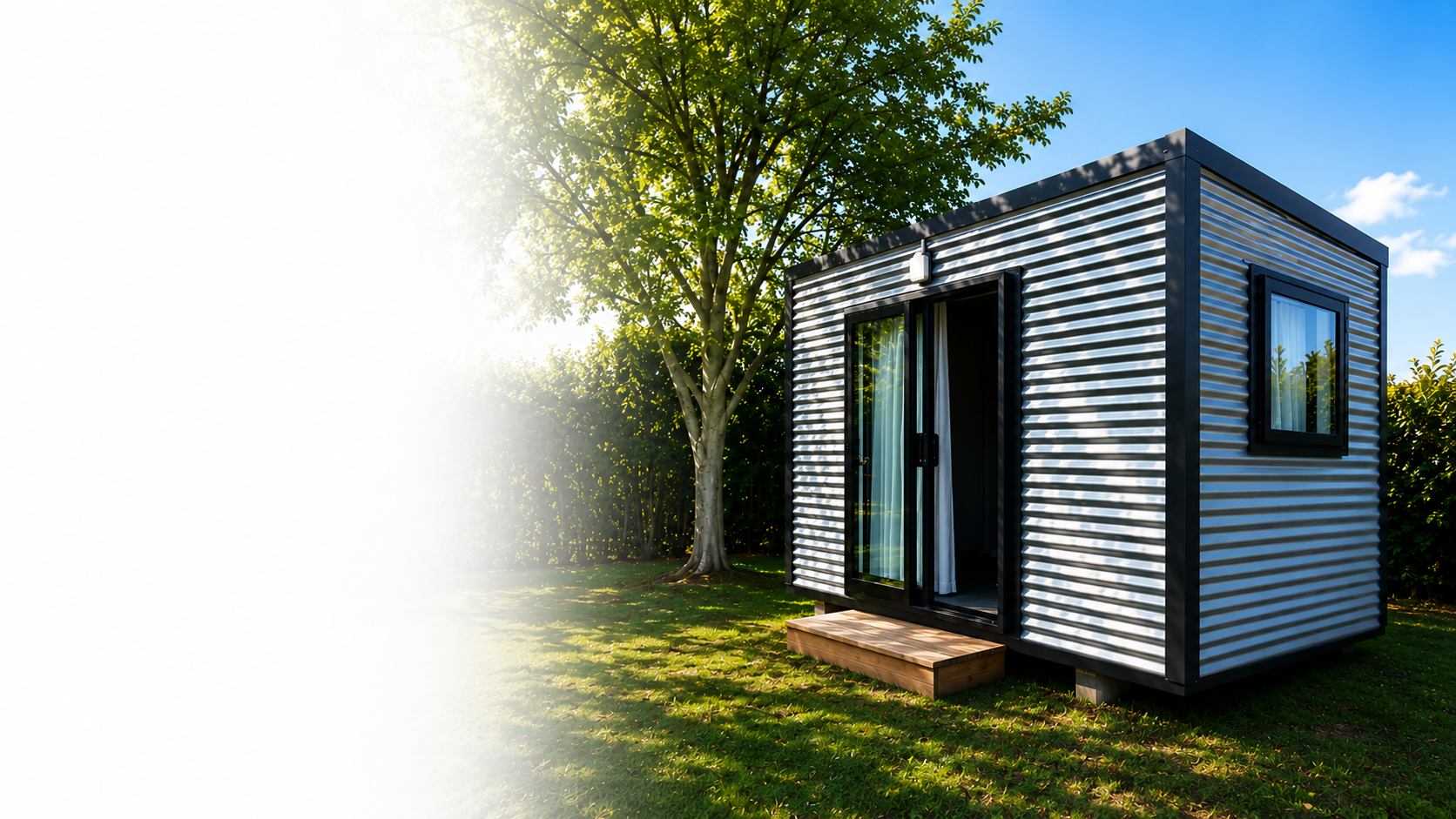 Small modern tiny house with metal siding, black window frames, and sliding glass door, situated on a grassy yard with a tree and a clear blue sky.
