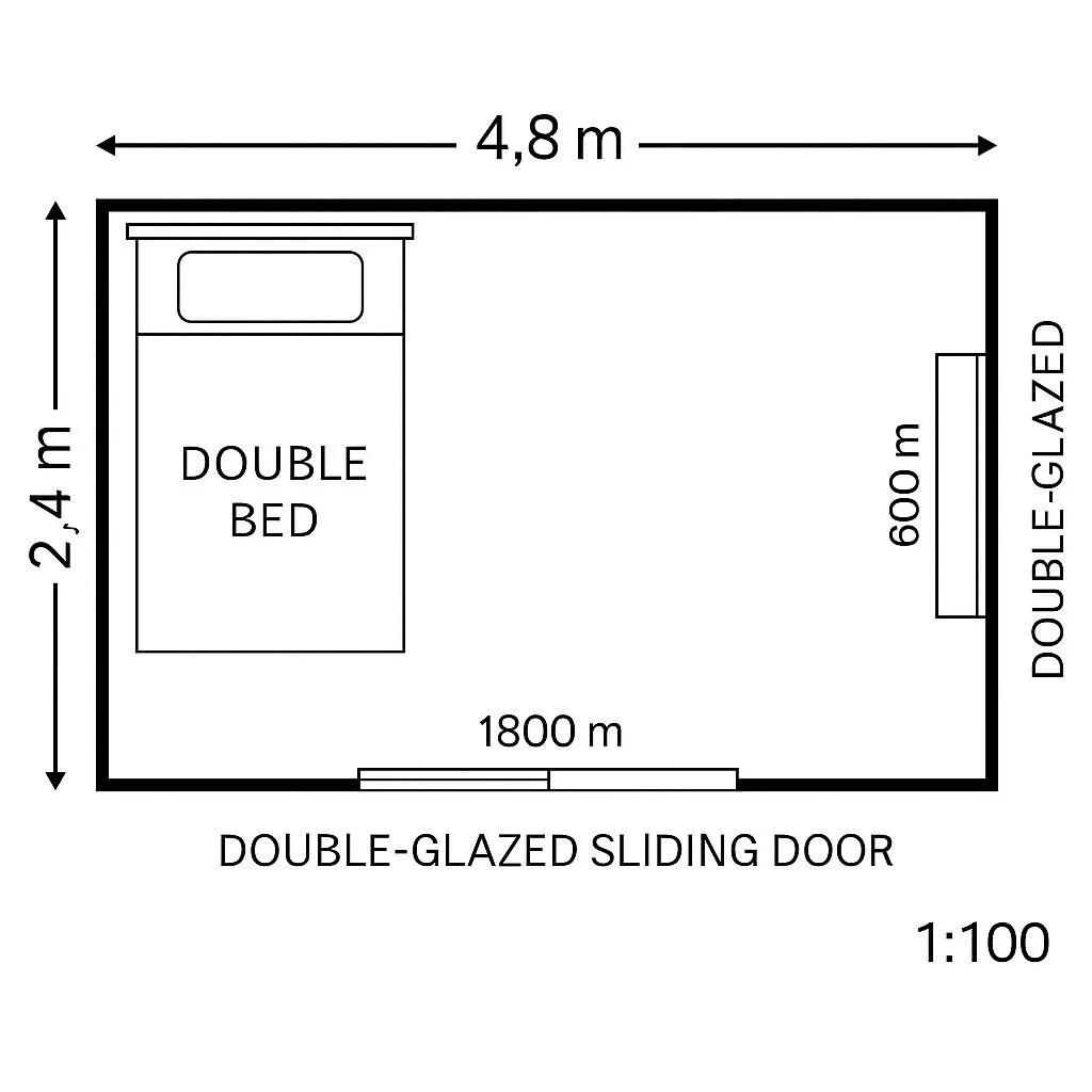 Floor plan of a rectangular room measuring 4.8 meters by 2.4 meters, featuring a double bed on the left side, a double-glazed sliding door at the bottom, and a double window on the right side.