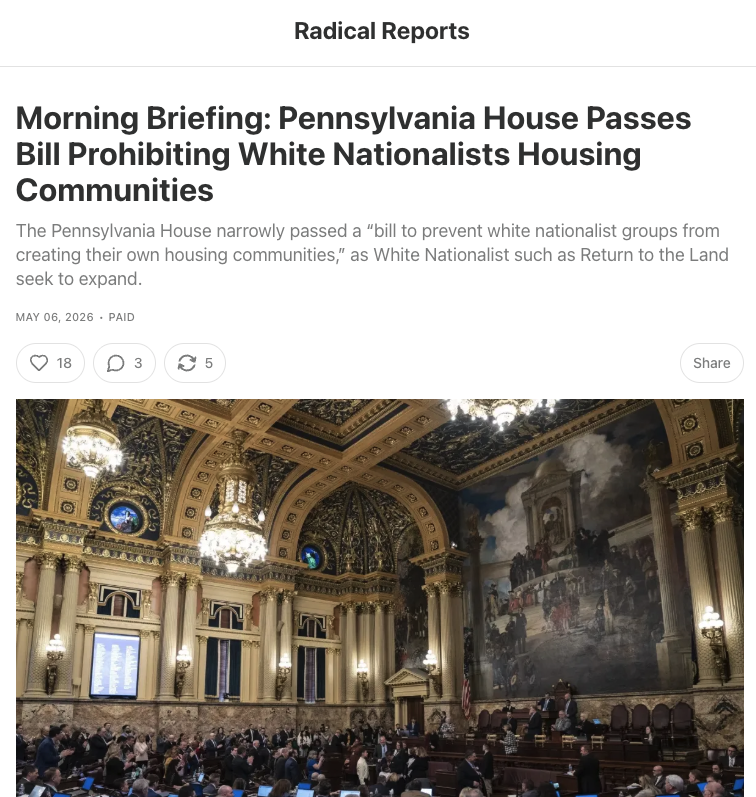 Morning Briefing: Pennsylvania House Passes Bill Prohibiting White Nationalists Housing Communities