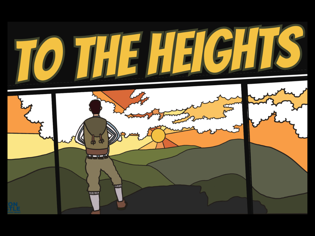 A comic book inspired image of St Pierre Giorgio Frassati with a backpack looking at a sunset over green hills, with a banner above that reads "TO THE HEIGHTS."