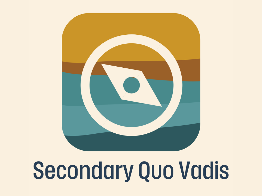 A stylized icon of a compass with water and land in the background, and the text "Secondary Quo Vadis" beneath.