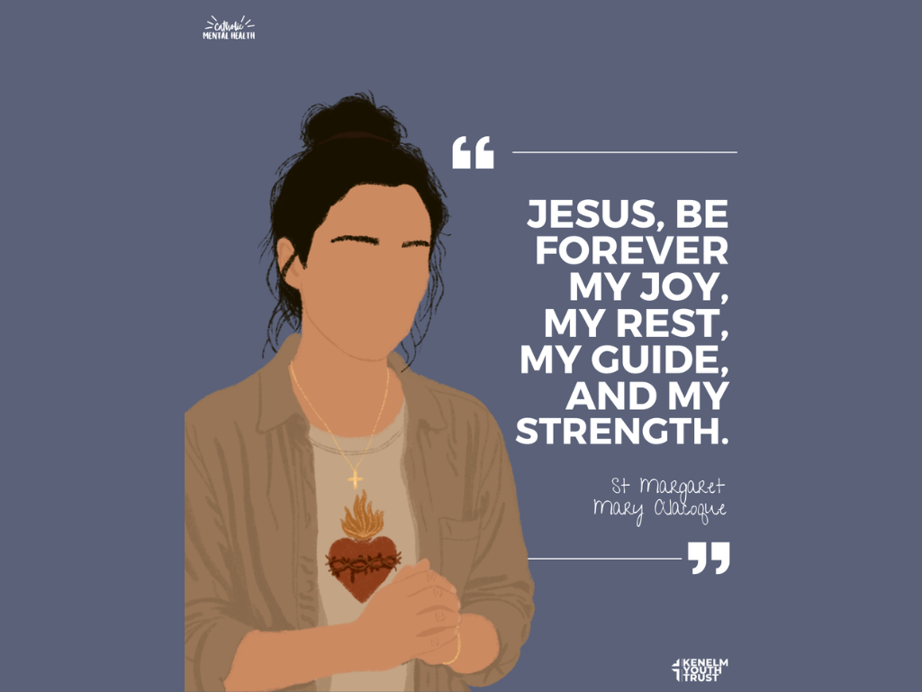 Digital illustration of St. Margaret Mary Alacoque with her hands clasped in prayer, wearing a necklace with a cross, and a shirt with a Sacred Heart symbol. The background is blue with a quote about Jesus from her.