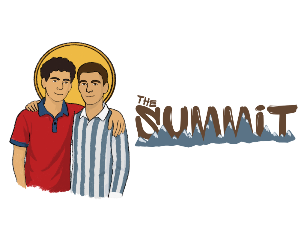 An illustration of saints Carlo Acutis and Pierre Giorgio Frassati.  Behind them is a gold circular background. To the right, stylized text reads 'The Summit' with mountain peaks integrated into the lettering.