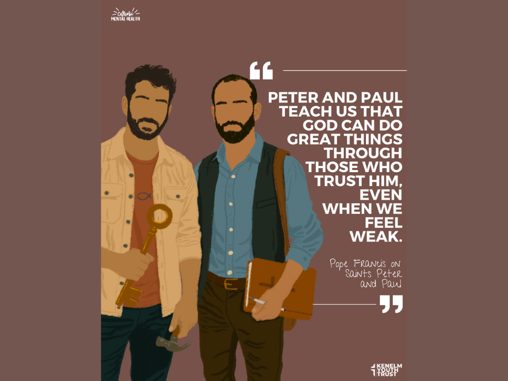 Illustration of two men, a 'modern day' depiction of saints Peter and Paul.  One holding a large key and a small hammer, standing next to each other against a plain background. A quote from Pope Francis to the right of the image.