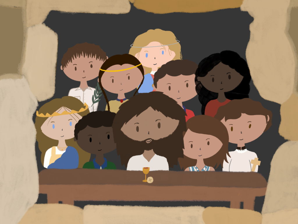 Cartoon depiction of a group of catholic saints gathered around a table with a cross and chalice, representing a religious gathering or communion.