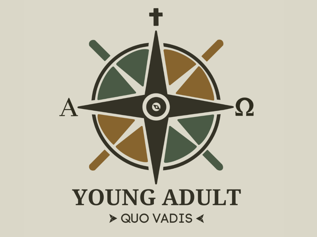 A stylized compass with four main directions and Latin letters A and Omega, surrounded by colored segments. The text "YOUNG ADULT" is below, with "QUO VADIS" underneath.