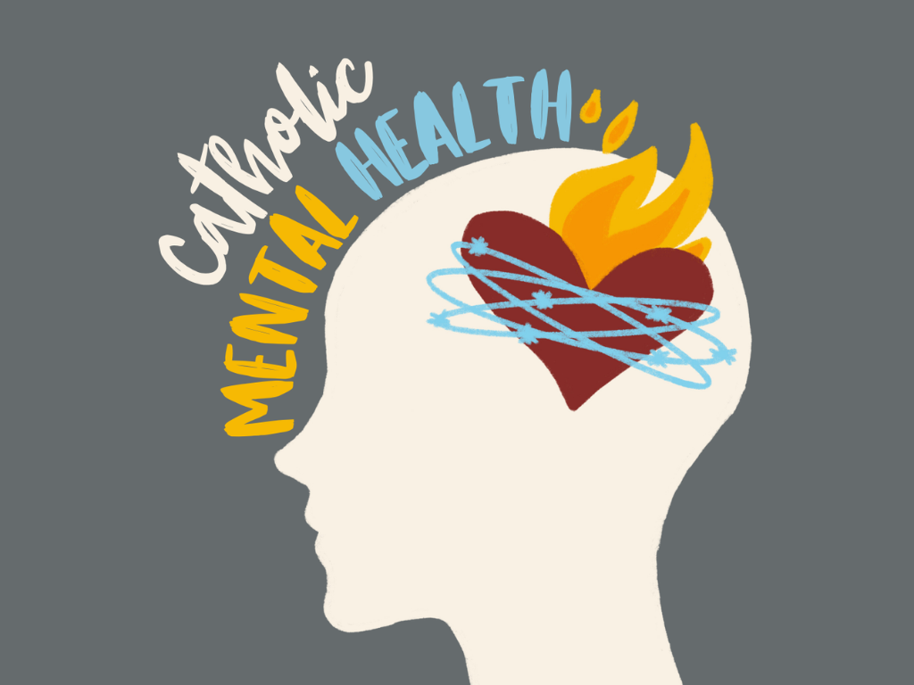 Illustration of a human head with a heart and flames inside, surrounded by words 'catholic mental health'.