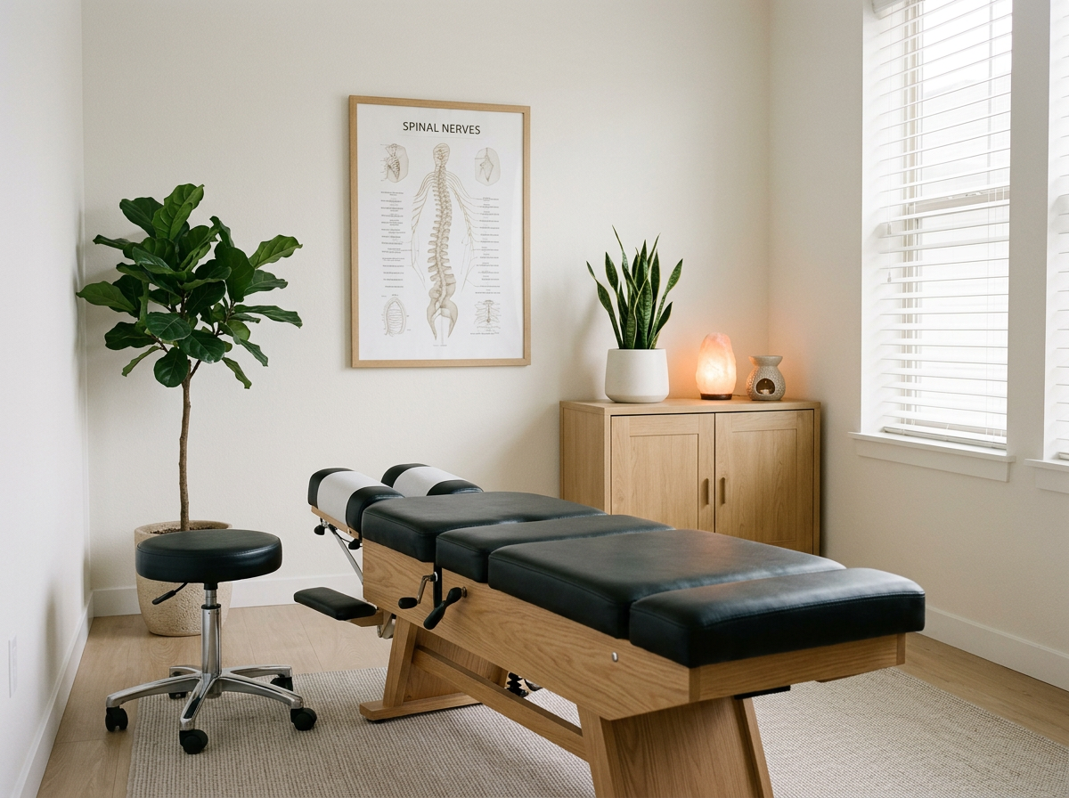A massage therapy room with a massage table, a rolling stool, a potted plant, a framed diagram of spinal nerves, and a wooden cabinet with two potted plants and Himalayan salt lamp, candle, and decorative jar, in front of a window with blinds.