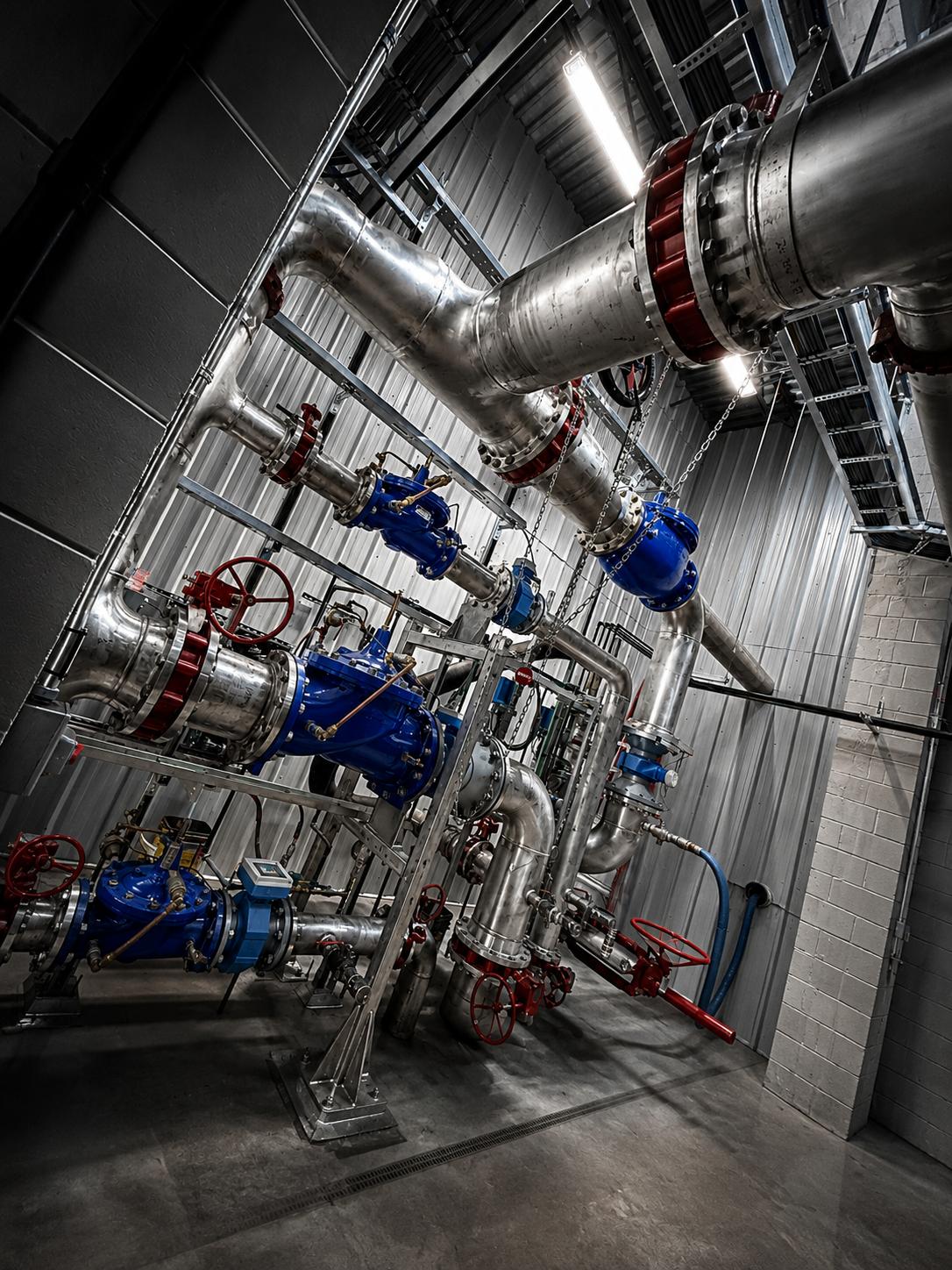 Industrial piping system with large metal pipes, valves, and blue control valves inside a facility.