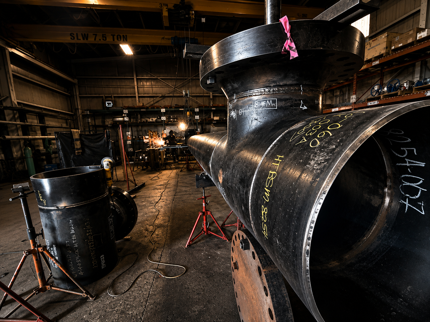 Inside an industrial workshop, workers are welding large black metal pipes with handwritten markings, sparks flying from welding, and various tools and equipment supporting the construction of a pipeline or large machinery.