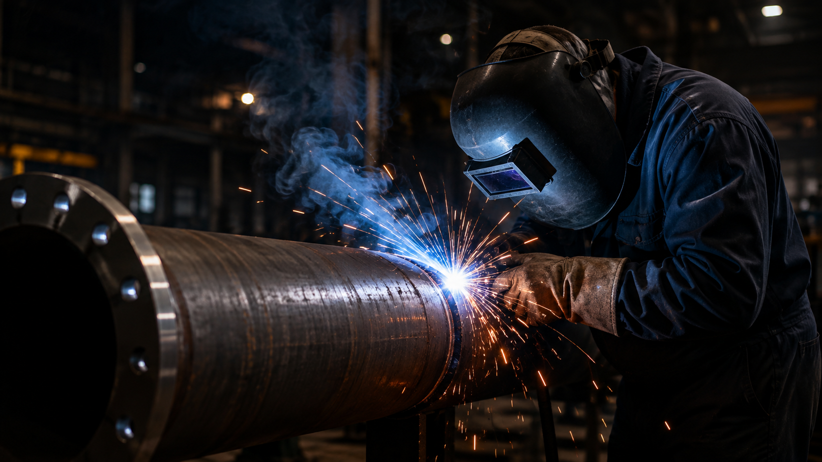 A worker welding a large metal pipe, sparks and smoke are visible in the dark industrial workshop.