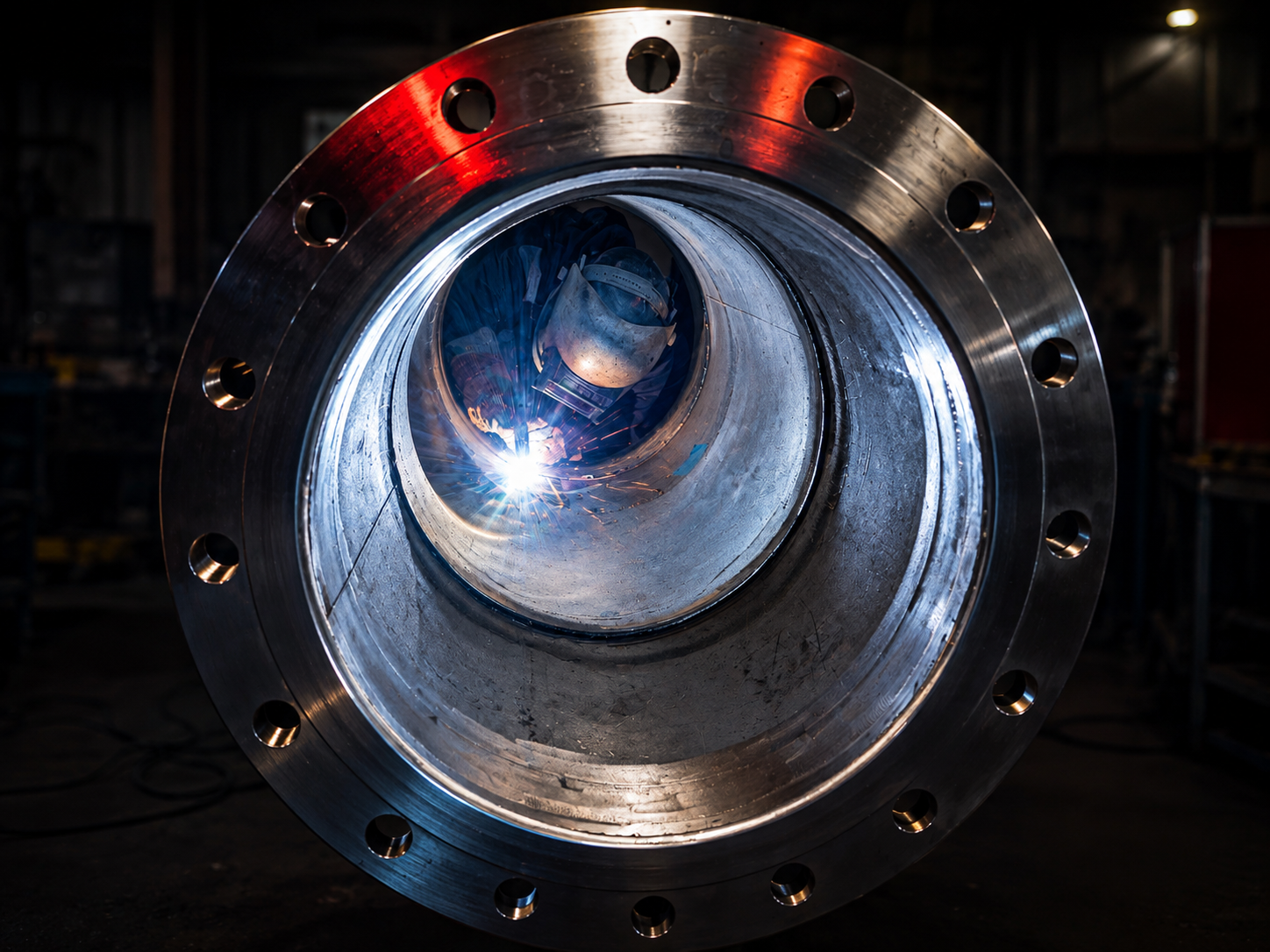 A welder is working inside a large metal pipe, welding sparks visible at the point of contact.