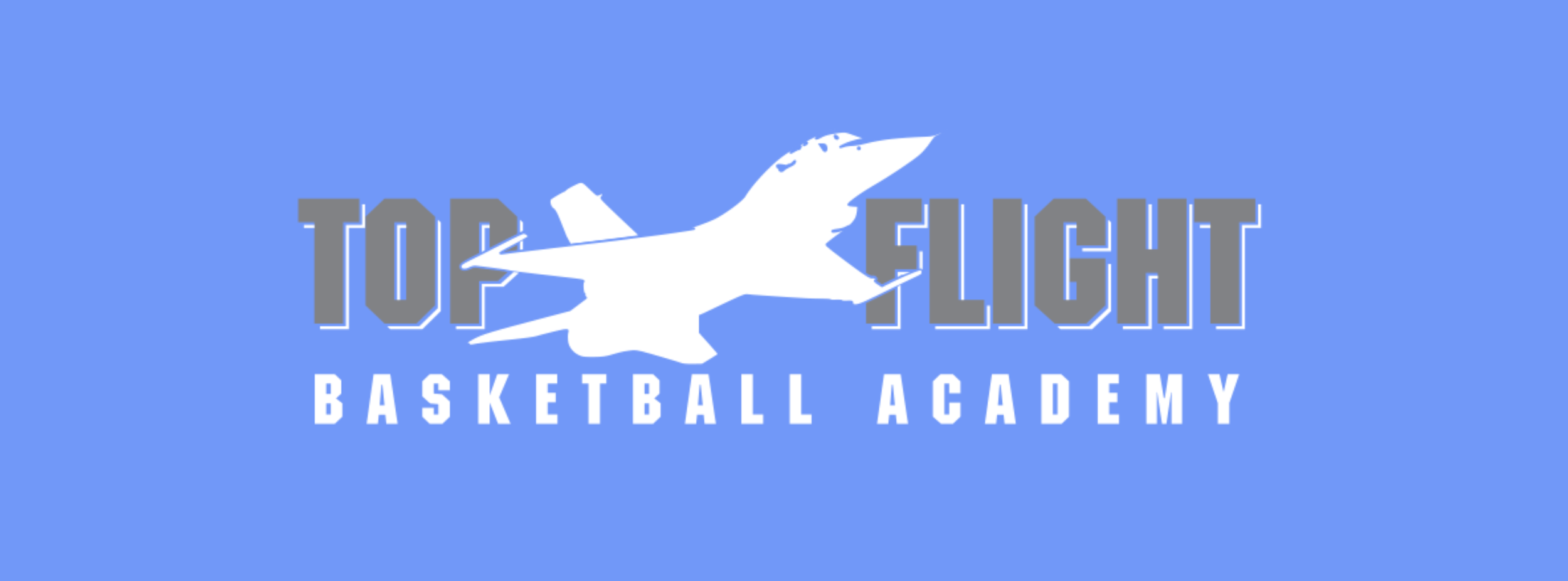 Logo for Top Flight Basketball Academy featuring a white silhouette of a bird or eagle in flight and bold gray and white text on a blue background.