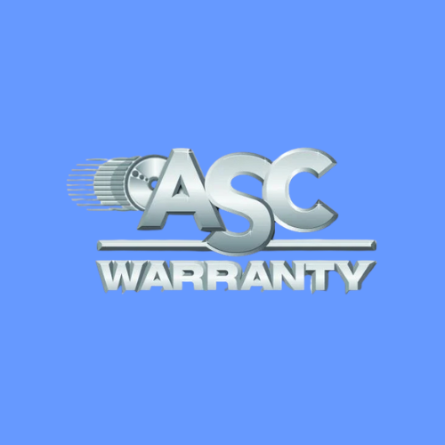 3D logo for ASC Warranty with a gear and motion lines on a blue background.